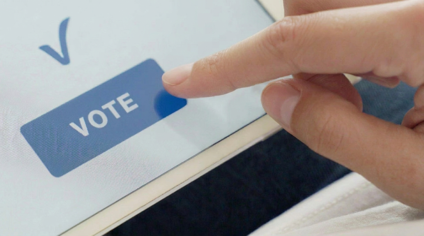 Voter tapping VOTE on a tablet